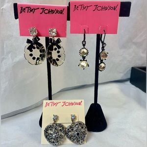 Betsey Johnson Set of 3 Vintage Authentic Earrings Rare Black & Silver Beautiful